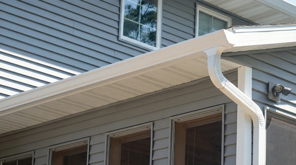 Professional home remodeling project showing newly installed white seamless gutters and downspouts on a house with gray siding in Milwaukee, WI