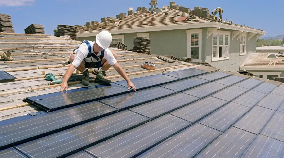 Roof replacement expert installing modern solar shingles on a residential home in Milwaukee, WI
