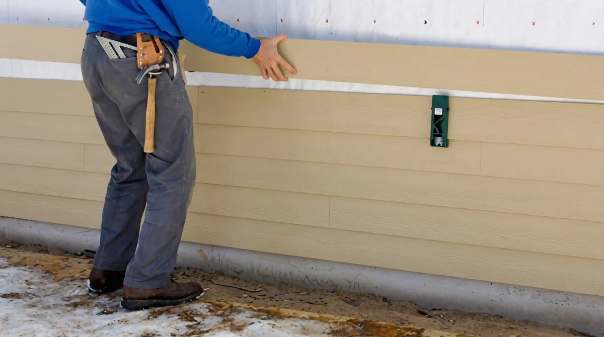 Siding replacement expert carefully aligning a new tan siding panel onto a residential exterior wall in Milwaukee, WI