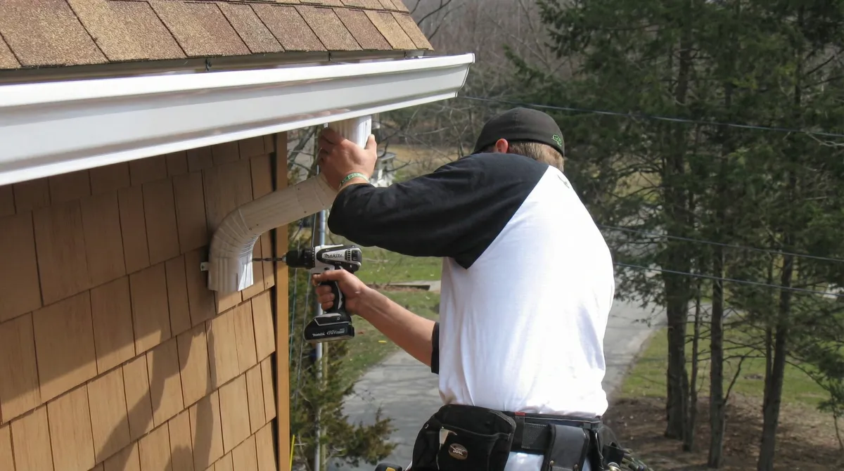 Professional contractor installing tan vinyl siding panels on a residential home exterior in Milwaukee, WI