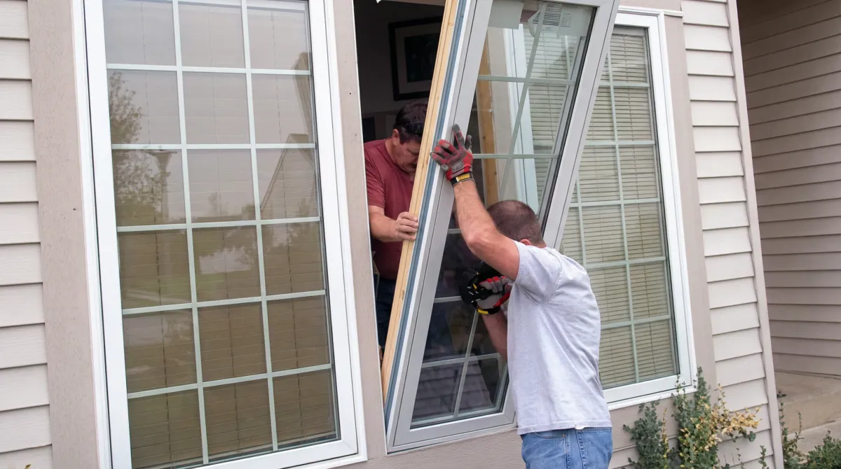 Professional home remodeling team installing a large replacement window on a house with tan siding in Milwaukee, WI